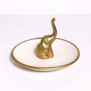 World Market Brass Elephant On Gold Trim Ceramic Ring Dish
